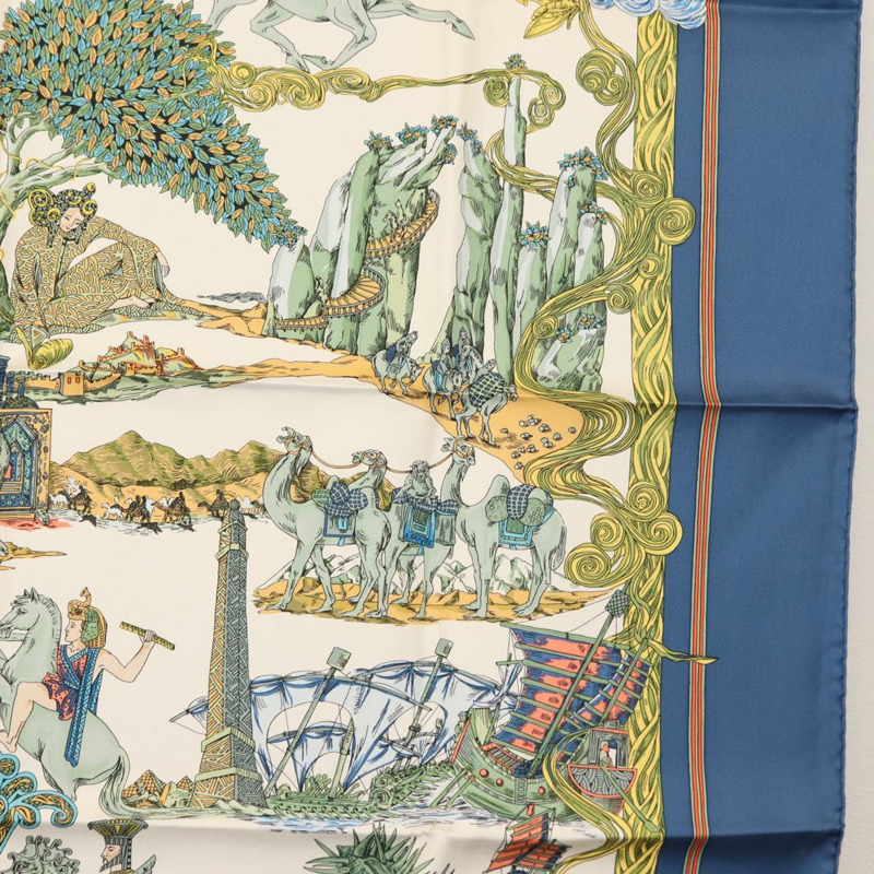 【日本直送】HERMES Carre 90 圍巾「Au FIL de La SOIE」絲綢藍色正品 147568-6