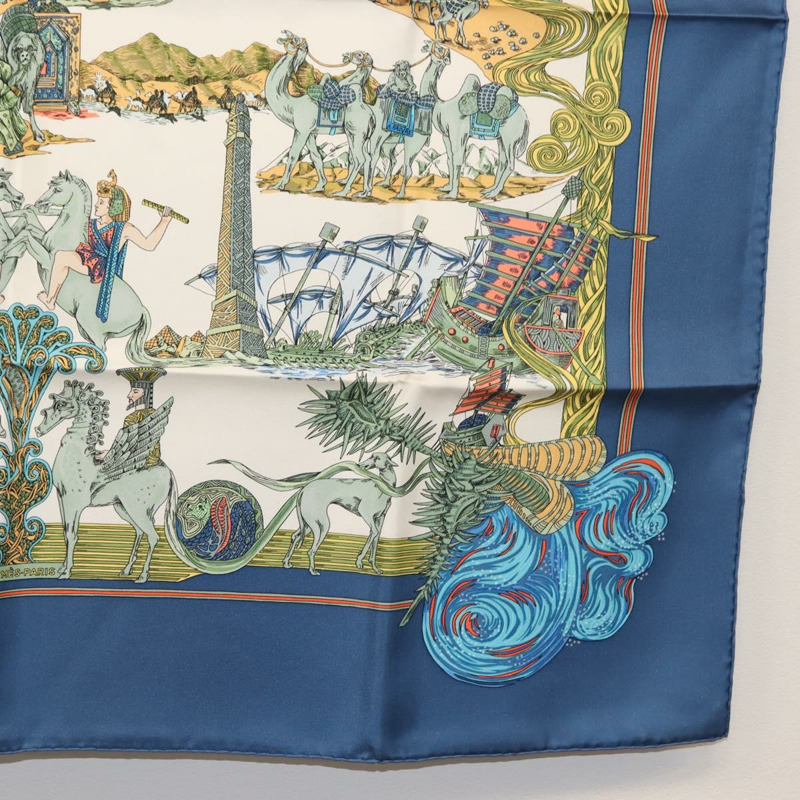 【日本直送】HERMES Carre 90 圍巾「Au FIL de La SOIE」絲綢藍色正品 147568-9