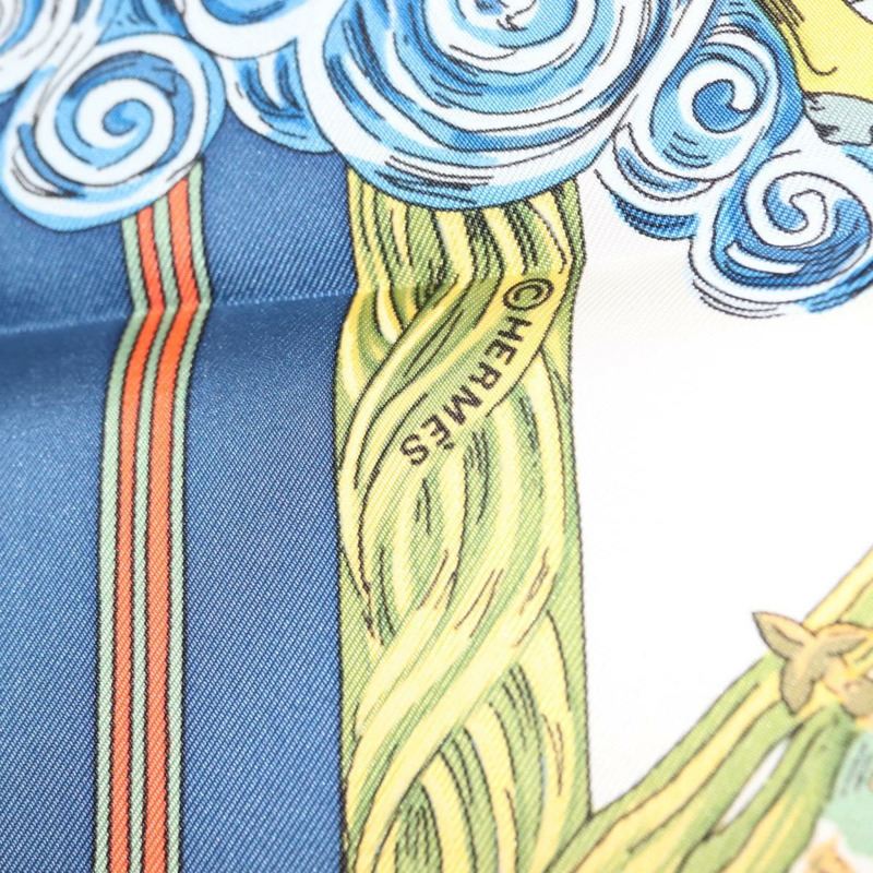 【日本直送】HERMES Carre 90 圍巾「Au FIL de La SOIE」絲綢藍色正品 147568-12