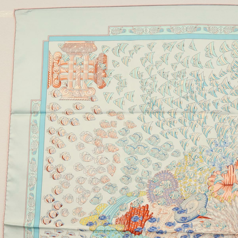 【日本直送】愛馬仕 Carre 90 絲巾「RENCONTRE OCEAN」真絲淺藍色正品 148193-1