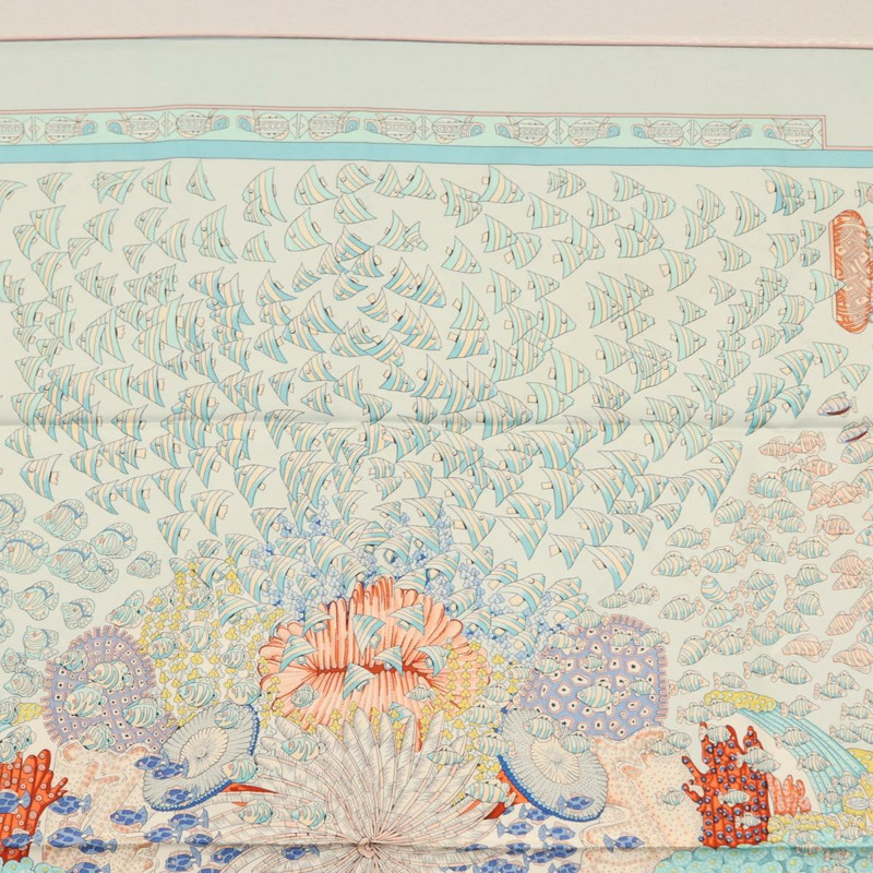 【日本直送】愛馬仕 Carre 90 絲巾「RENCONTRE OCEAN」真絲淺藍色正品 148193-2