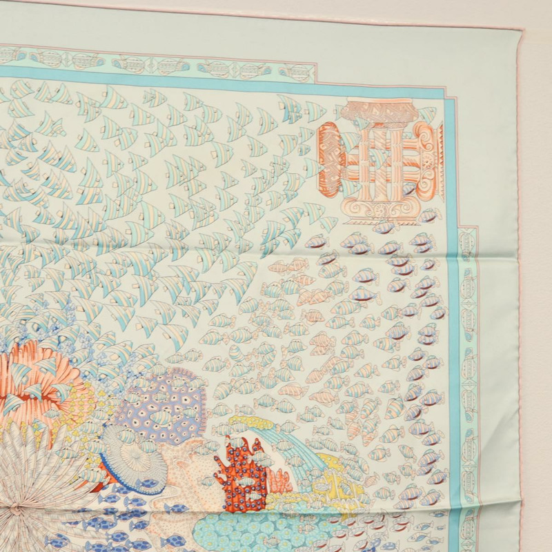 【日本直送】愛馬仕 Carre 90 絲巾「RENCONTRE OCEAN」真絲淺藍色正品 148193-3