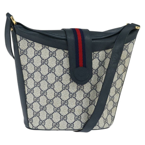 GUCCI GG Supreme Sherry Line 單肩包 PVC 海軍藍 金色 正品 150340