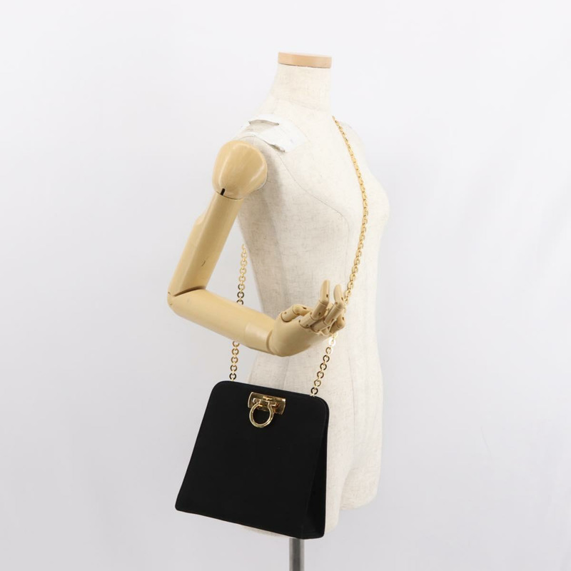 【日本直送】Salvatore Ferragamo Chain Gancini 單肩包，黑色麂皮，金色，正品，貨號 150385-20