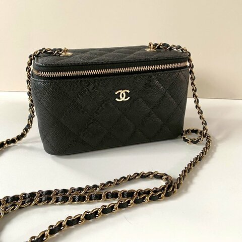 CHANEL 黑色 荔枝 牛皮 金鏈 化妝鏡 長方 拉鍊 盒子包 AP1341