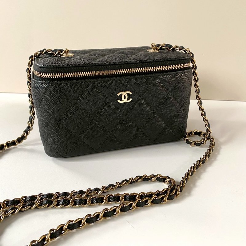 CHANEL 黑色 荔枝 牛皮 金鏈 化妝鏡 長方 拉鍊 盒子包 AP1341-0