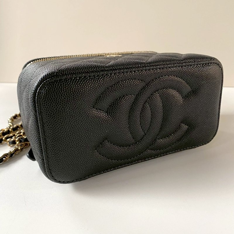 CHANEL 黑色 荔枝 牛皮 金鏈 化妝鏡 長方 拉鍊 盒子包 AP1341-5