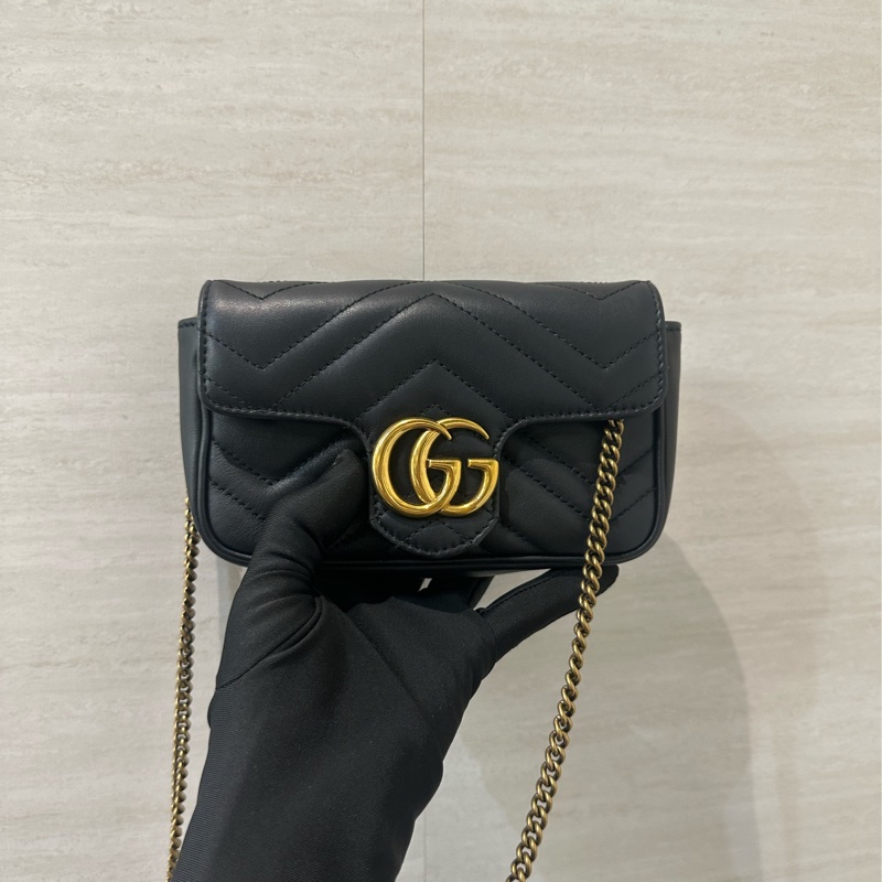 Gucci 黑牛皮霧金釦Marmont Super Mini鏈條斜背包476433-0