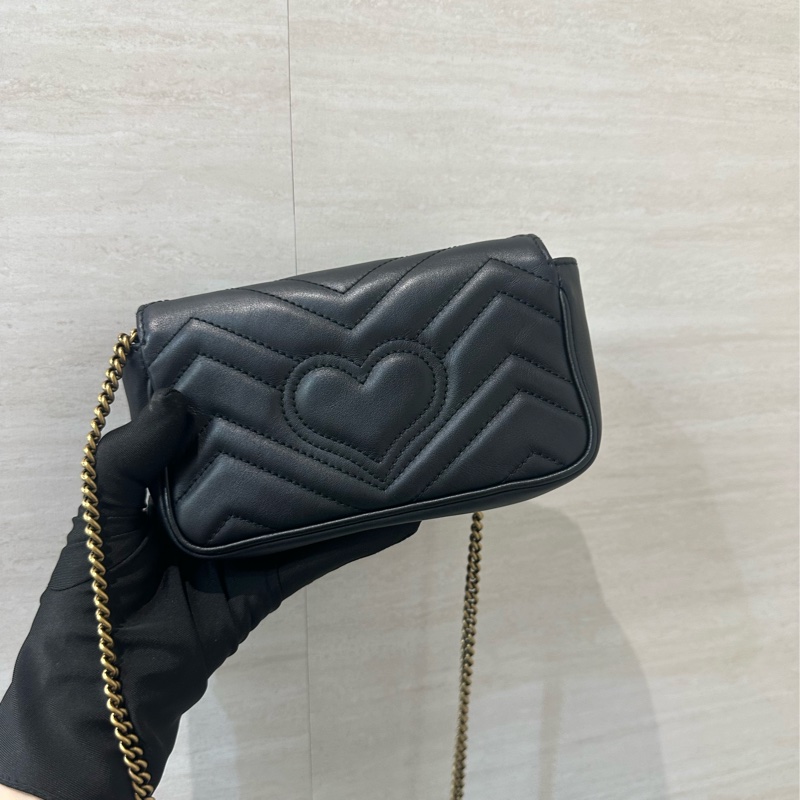 Gucci 黑牛皮霧金釦Marmont Super Mini鏈條斜背包476433-1