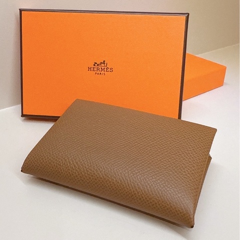 HERMES 金棕拼氣泡綠Calvi卡包