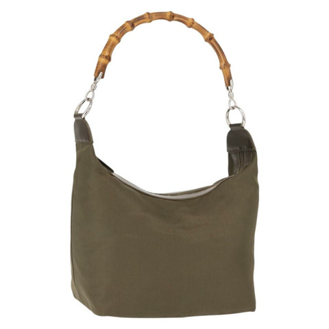 GUCCI 竹節手提包 尼龍 卡其色 銀色 000 2214 0531 正品 ep11599