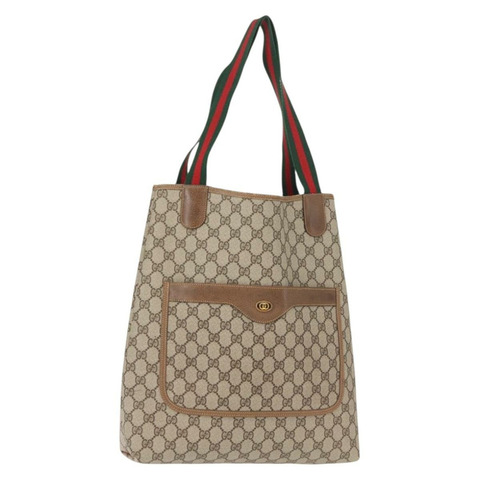 GUCCI GG Supreme Web Sherry Line 手提包 PVC 米色 金色 378 02 003 正品 ep11646