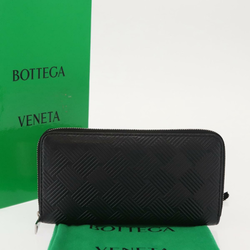 【日本直送】BOTTEGA VENETA 壓花 INTRECCIATO 圓形拉鍊皮夾 皮革 黑色 Auth bs30450-11