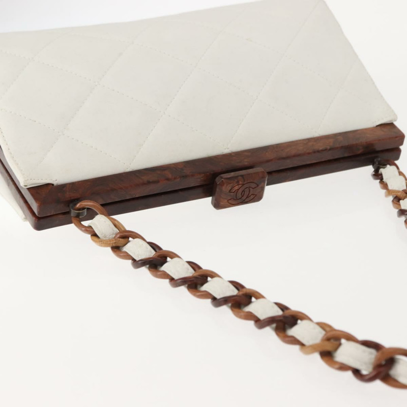 【日本直送】香奈兒木鏈單肩包 羊皮 白色 金色 CC 標誌 正品 BA7494-5