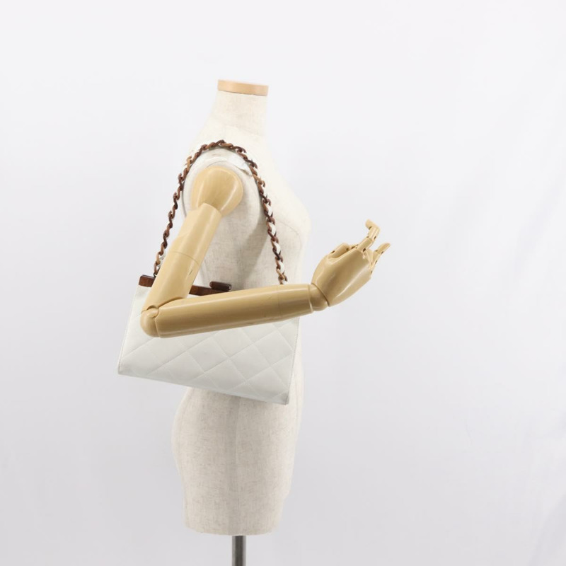 【日本直送】香奈兒木鏈單肩包 羊皮 白色 金色 CC 標誌 正品 BA7494-20