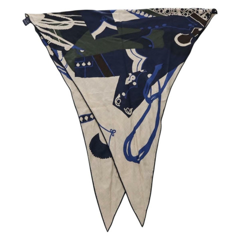 愛馬仕菱形圖案披肩「ZOUAVES AT DRAGON」羊絨藍正品 hk3195