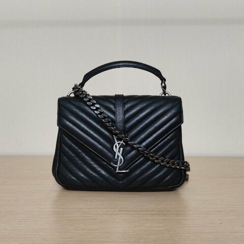 SAINT LAURENT College郵差包中號24黑色羊皮銀扣肩背包
