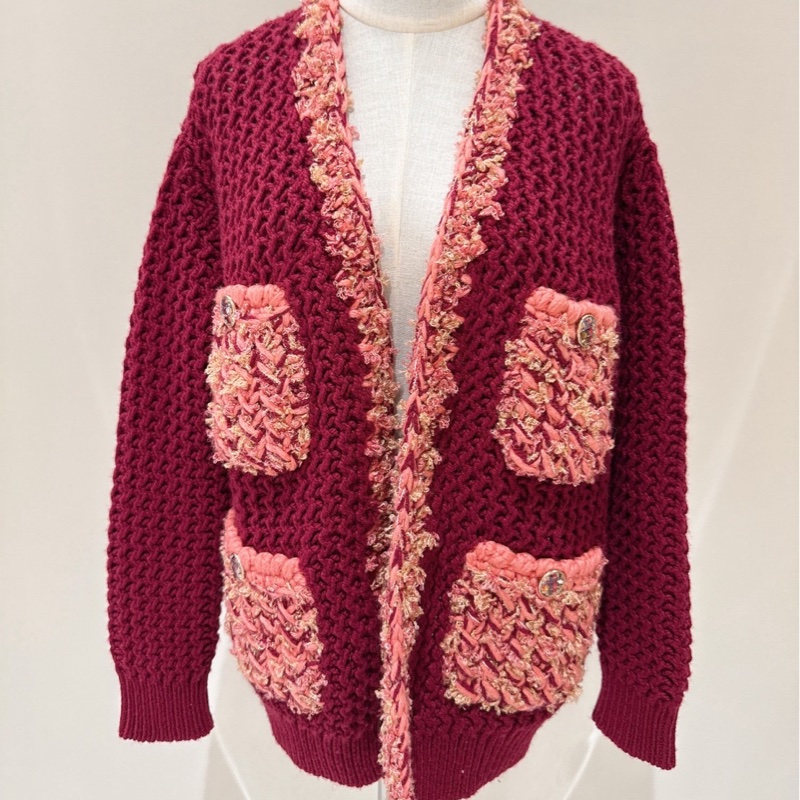 CHANEL 酒紅拼粉色毛呢針織開衫 34/36碼-0