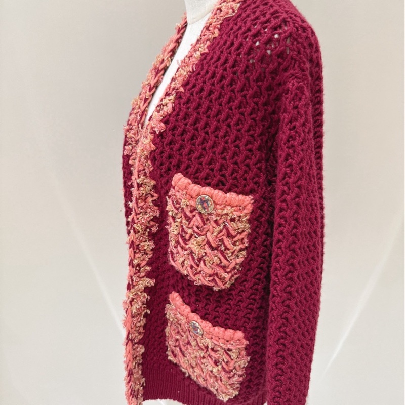 CHANEL 酒紅拼粉色毛呢針織開衫 34/36碼-1