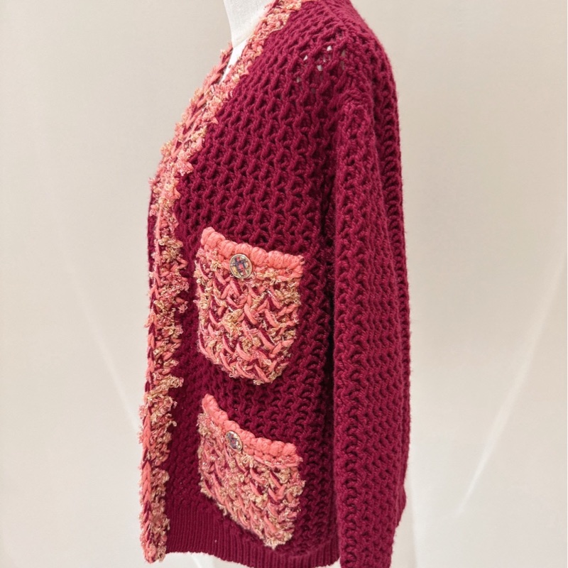 CHANEL 酒紅拼粉色毛呢針織開衫 34/36碼-2