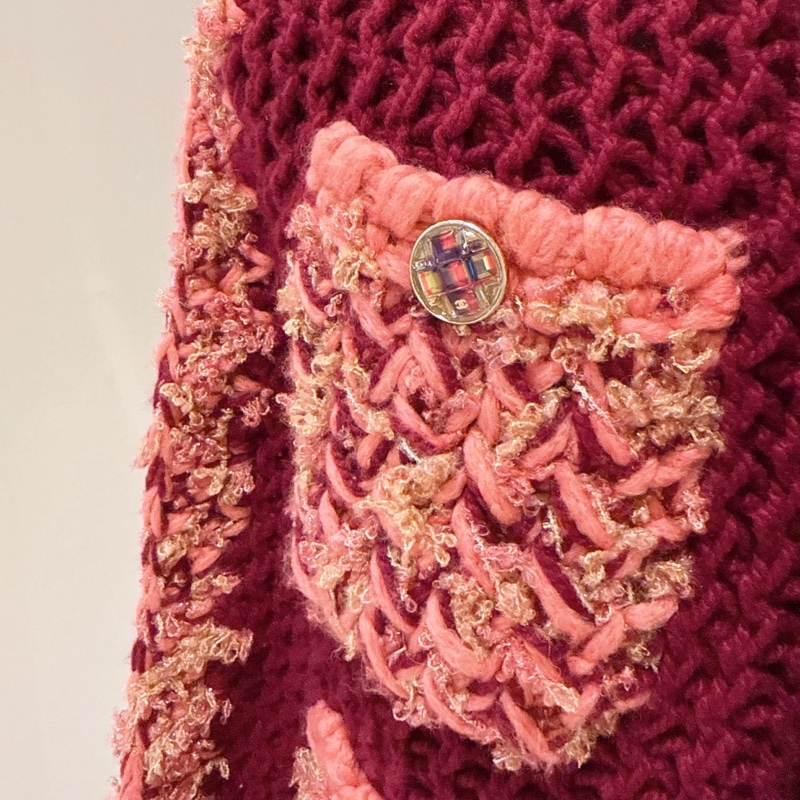 CHANEL 酒紅拼粉色毛呢針織開衫 34/36碼-3