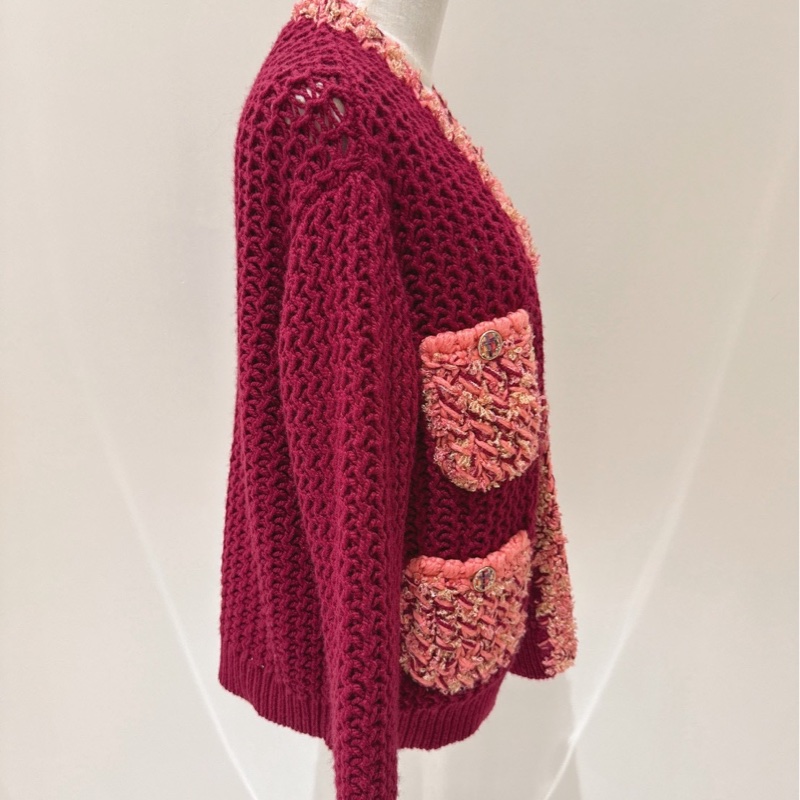 CHANEL 酒紅拼粉色毛呢針織開衫 34/36碼-5