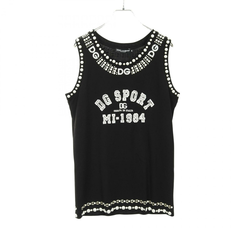 DOLCE & GABBANA Logo Pearl Bijou 無袖棉質背心 黑色 二手 女款 #40-0