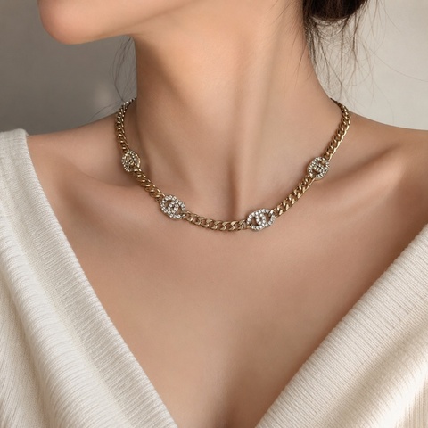 618限時特惠💖914intheair精品代購『全新全配』香奈兒Chanel  經典五花logo頸鏈/大五花淡金帶鑽款 五花 爆款 LOGO淡金帶鑽頸鏈