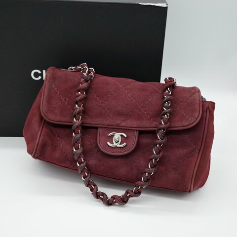 Chanel 香奈兒 勃艮第酒紅麂皮 機場包 麻花鏈肩背/斜背