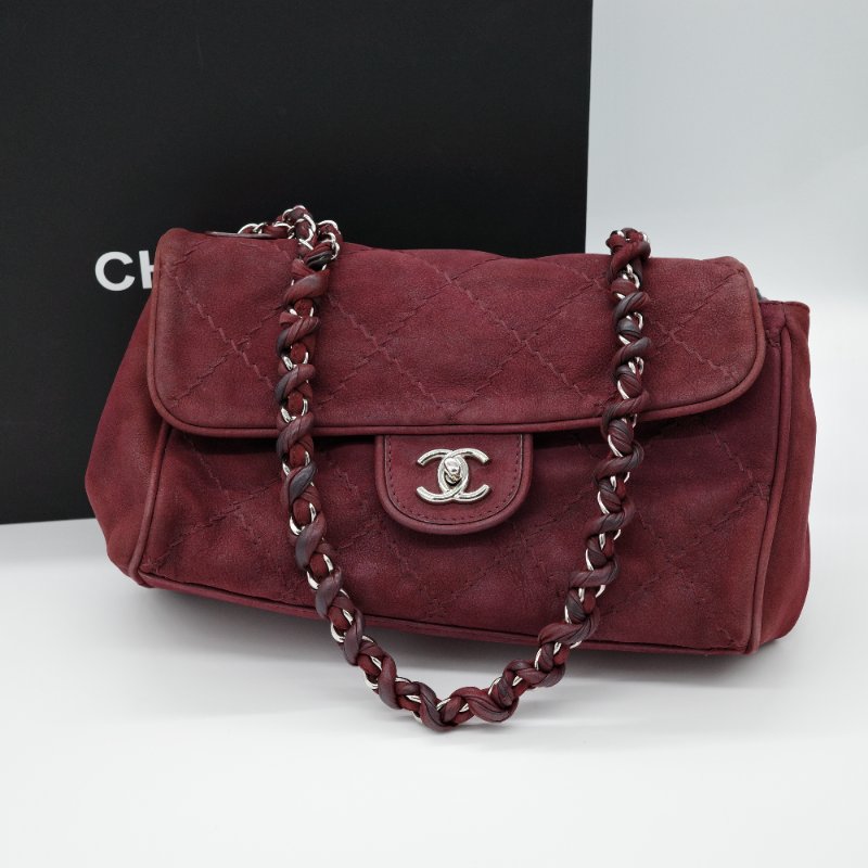 Chanel 香奈兒 勃艮第酒紅麂皮 機場包 麻花鏈肩背/斜背-2