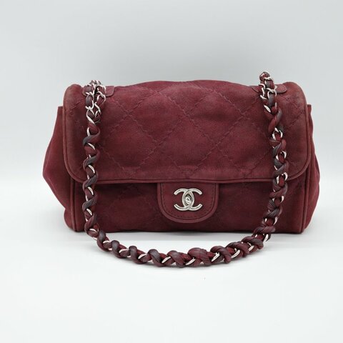 Chanel 香奈兒 勃艮第酒紅麂皮 機場包 麻花鏈肩背/斜背