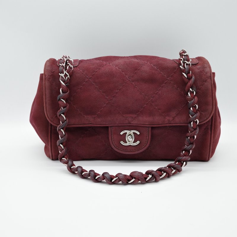 Chanel 香奈兒 勃艮第酒紅麂皮 機場包 麻花鏈肩背/斜背-3