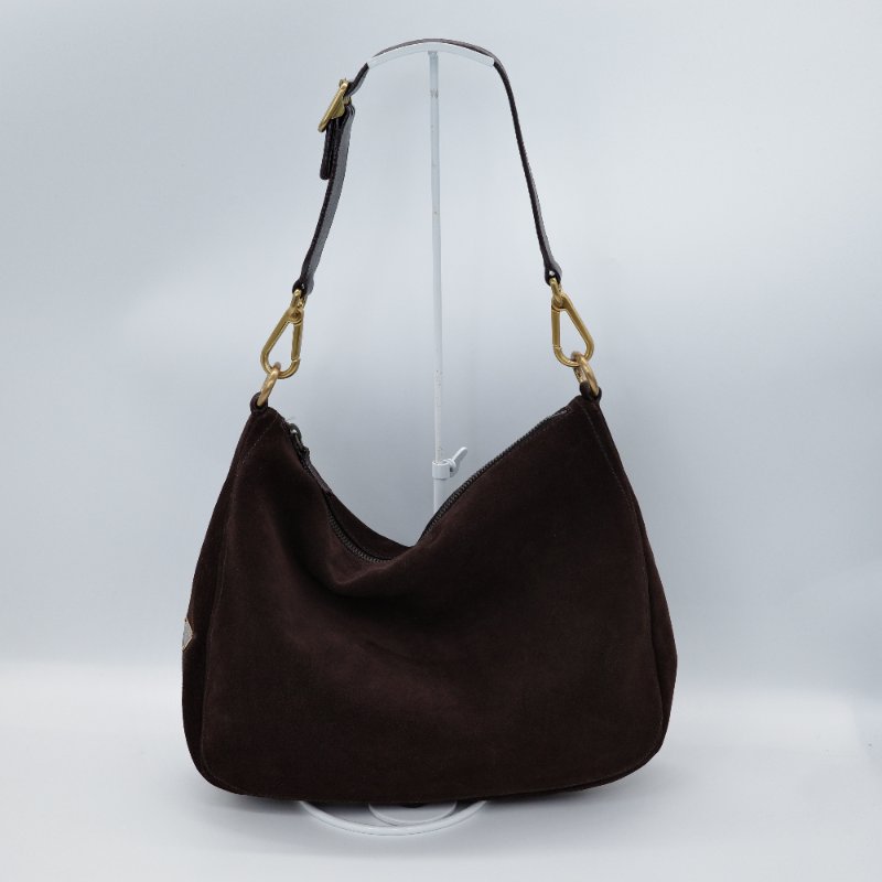 Prada 普拉達 深咖啡色 麂皮 復古金牌 單肩包 手提包-0