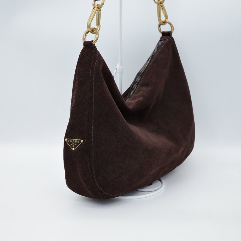 Prada 普拉達 深咖啡色 麂皮 復古金牌 單肩包 手提包-1