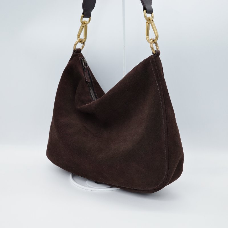 Prada 普拉達 深咖啡色 麂皮 復古金牌 單肩包 手提包-2