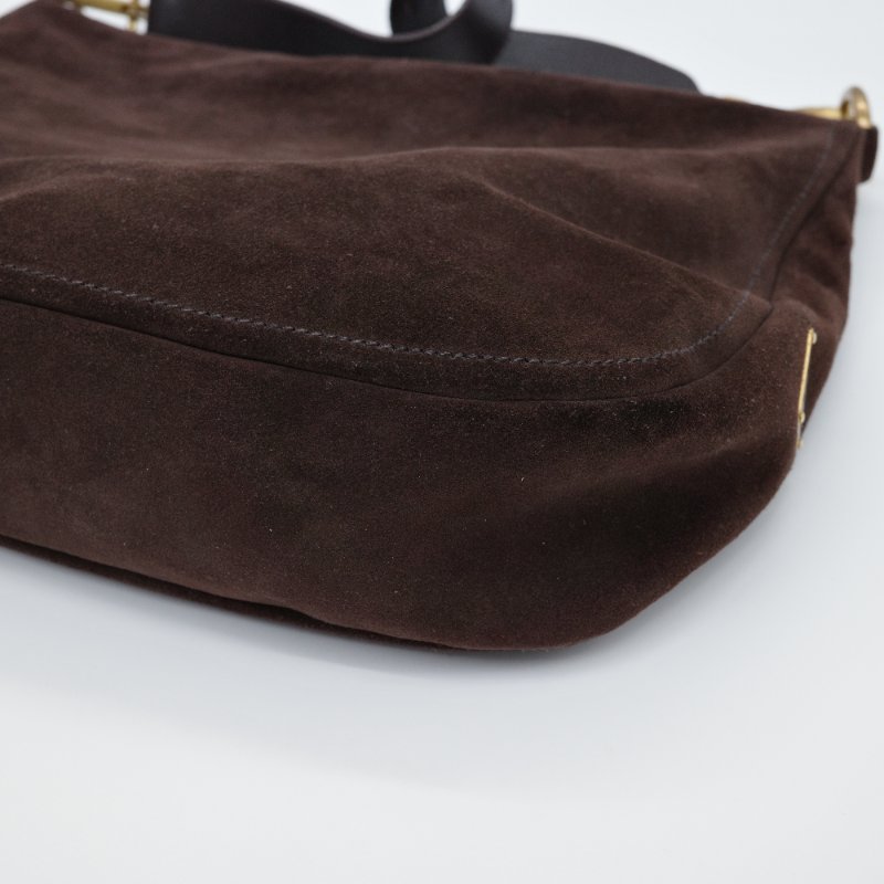 Prada 普拉達 深咖啡色 麂皮 復古金牌 單肩包 手提包-4