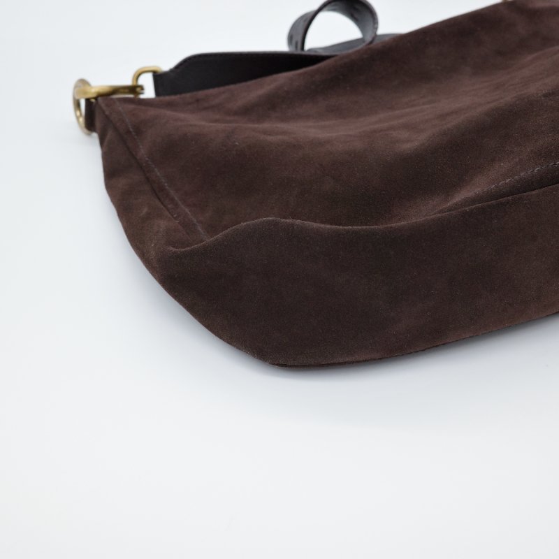 Prada 普拉達 深咖啡色 麂皮 復古金牌 單肩包 手提包-5