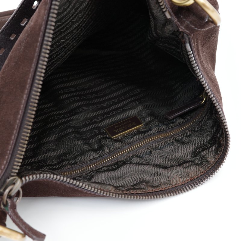 Prada 普拉達 深咖啡色 麂皮 復古金牌 單肩包 手提包-8