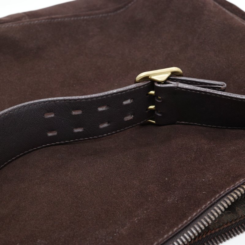 Prada 普拉達 深咖啡色 麂皮 復古金牌 單肩包 手提包-9