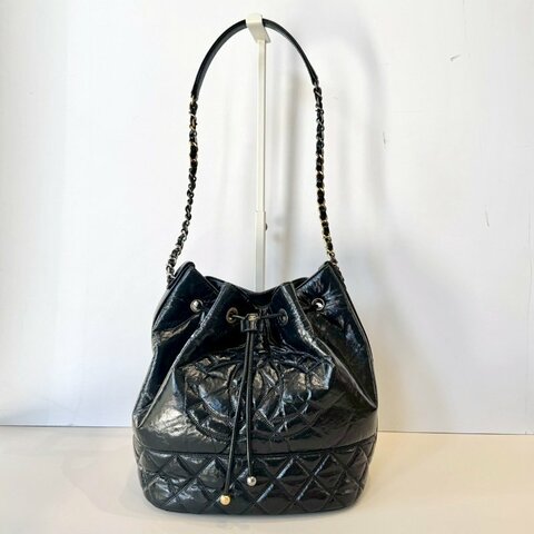 CHANEL 黑色 油蠟皮 金釦 束口 水桶包 AS1978