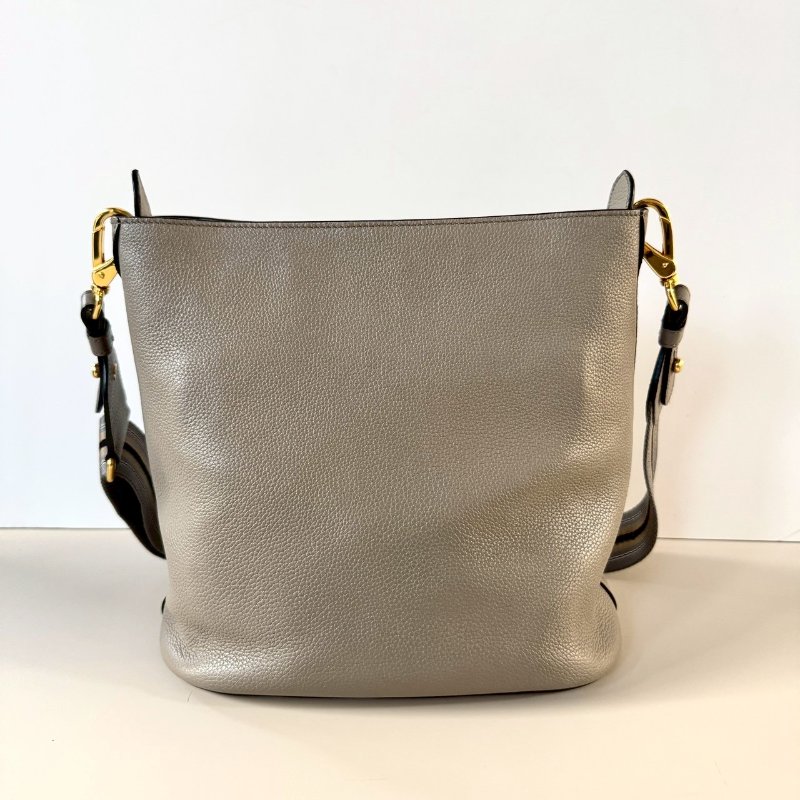 PRADA 大象灰 牛皮 壓紋 LOGO 織帶背帶 肩背包 1BE057-1