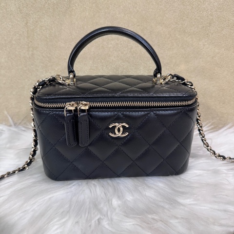 Chanel 黑羊皮手提斜背長盒子化妝盒