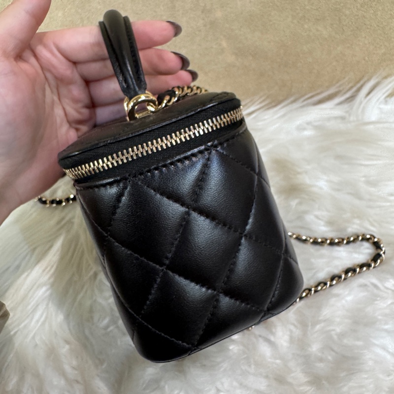 Chanel 黑羊皮手提斜背長盒子化妝盒-2