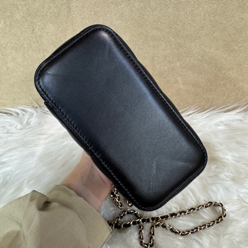 Chanel 黑羊皮手提斜背長盒子化妝盒-4