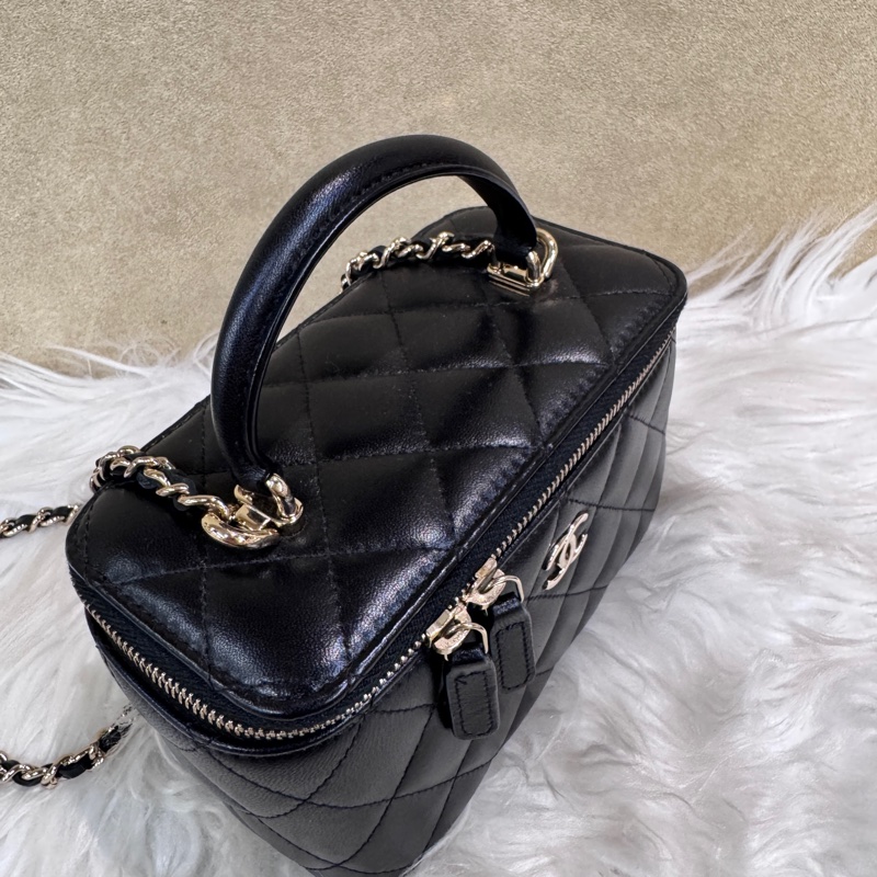 Chanel 黑羊皮手提斜背長盒子化妝盒-7