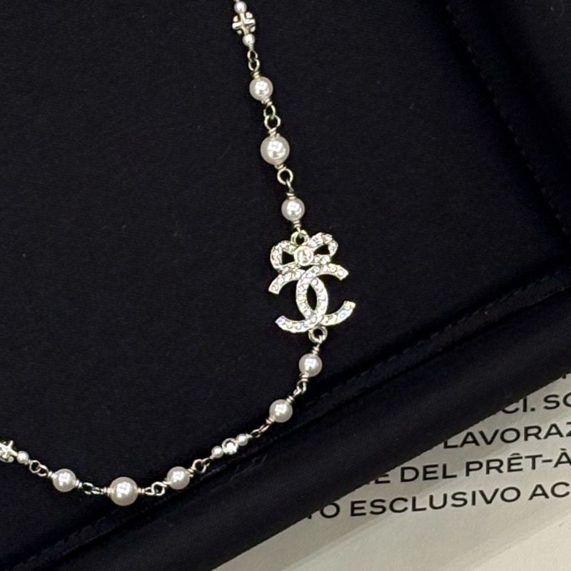 CHANEL 水鑽蝴蝶結雙C珍珠頸鏈  全新現貨-1