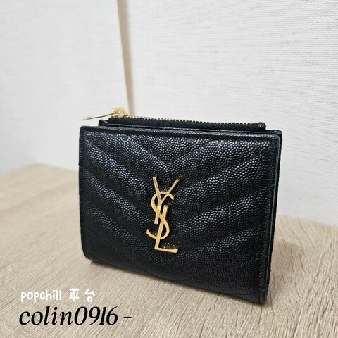 [ 甜價出❣️] YSL黑荔枝皮金釦對釦短夾