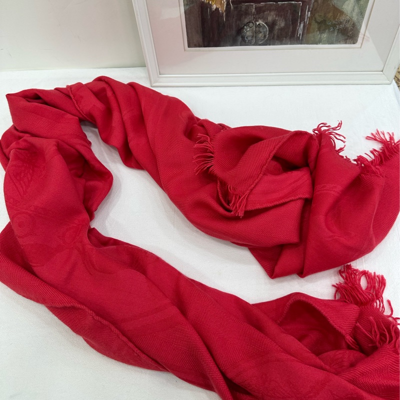 HERMES愛馬仕紅色印花圖案女士圍巾披肩 尺寸：75*210cm 材質：85%山羊絨 15%桑蠶絲-0