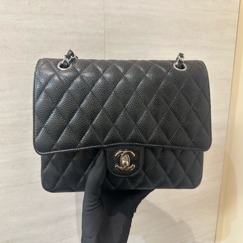 Chanel 黑荔枝皮菱格COCO25銀釦肩斜背包A01112