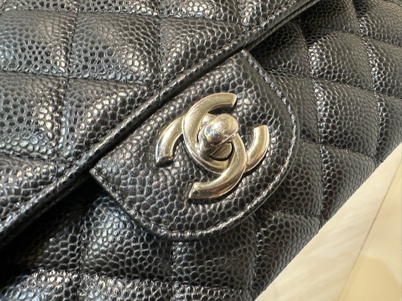 Chanel 黑荔枝皮菱格COCO25銀釦肩斜背包A01112-7